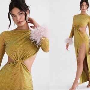 Elegant Gold Cut-Out Dress with Feather Details